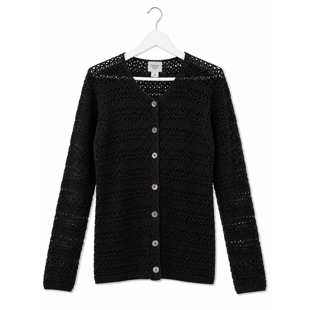 Garnet Hill Black Boho Crochet Knit Cardigan‎ V-Neck Button Front Size S Coastal
